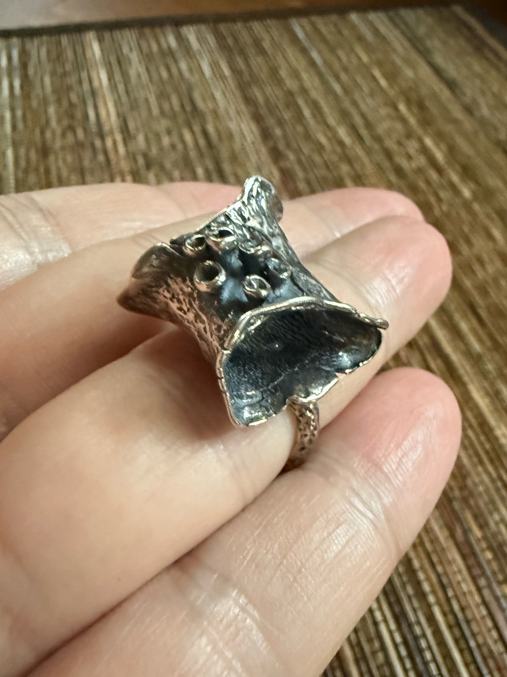Brutalist Sterling Silver Ring Modernist Mushrooms on a Log 🍄 MCM Size 7.5